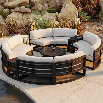 360° Round Outdoor Sofa Set | Deep Grey Aluminum Patio Furniture | Waterproof Garden Balcony Furniture