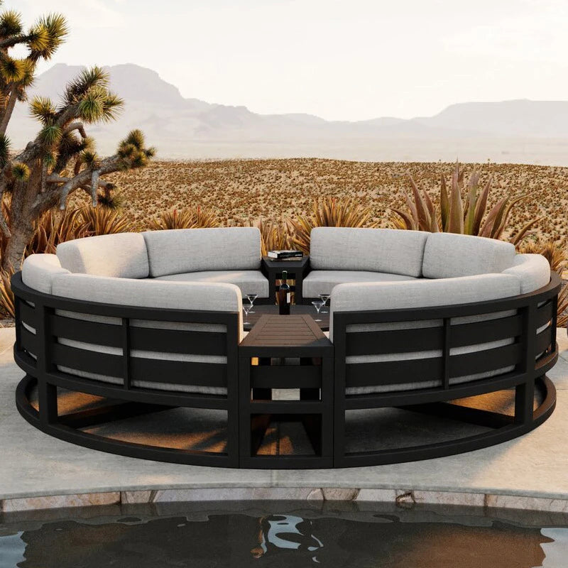 360° Round Outdoor Sofa Set | Deep Grey Aluminum Patio Furniture | Waterproof Garden Balcony Furniture