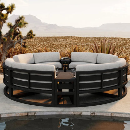 360° Round Outdoor Sofa Set | Deep Grey Aluminum Patio Furniture | Waterproof Garden Balcony Furniture