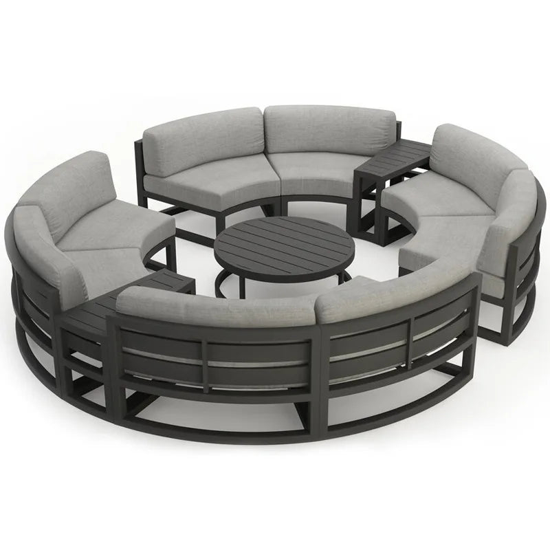 360° Round Outdoor Sofa Set | Deep Grey Aluminum Patio Furniture | Waterproof Garden Balcony Furniture