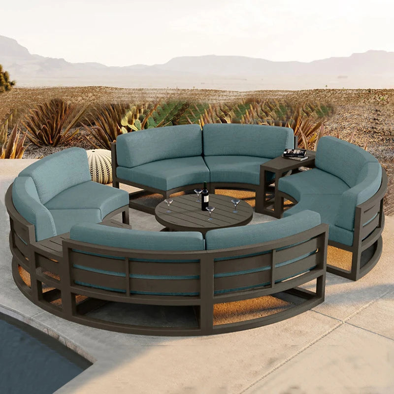 360° Round Outdoor Sofa Set | Deep Grey Aluminum Patio Furniture | Waterproof Garden Balcony Furniture