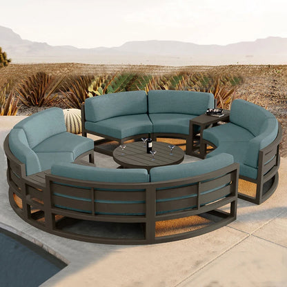 360° Round Outdoor Sofa Set | Deep Grey Aluminum Patio Furniture | Waterproof Garden Balcony Furniture
